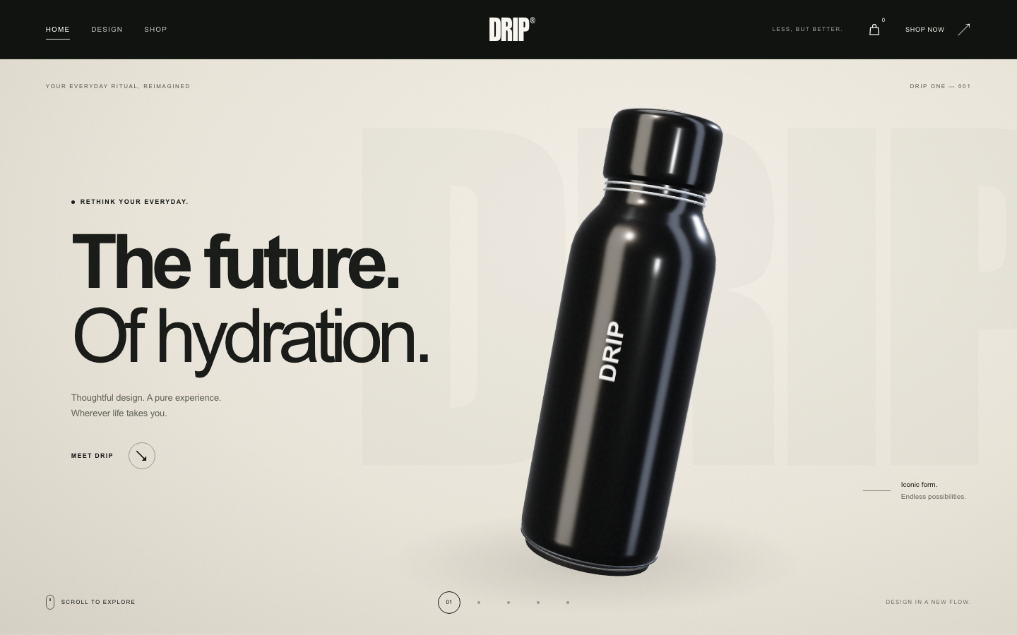 DRIP website design with a black 3D bottle on a cream background