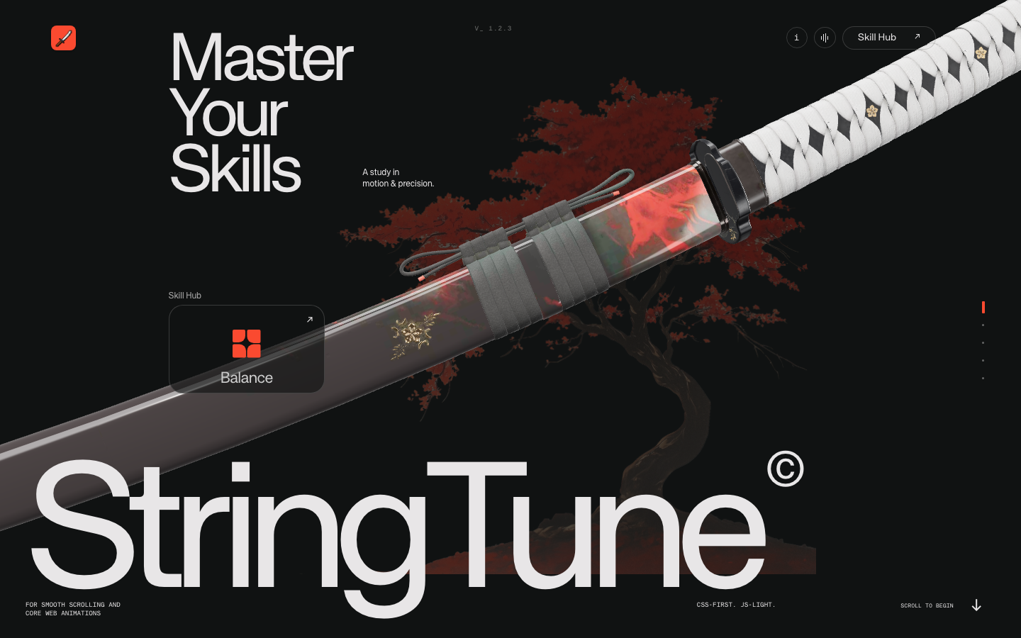 StringTune concept design with a dark background and animated katana